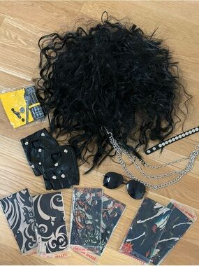 Halloween 90s / Rocker Black Wig w/ Silver Chain Accents, Fake Tattoos and More